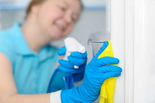 Cleaner wiping down kitchen units and worktops after building work in Clapham